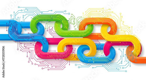 Colorful Blockchain Chain with Digital Circuit Background