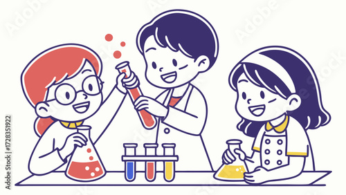 Three children happily conducting a science experiment with beakers and test tubes, observing reactions.