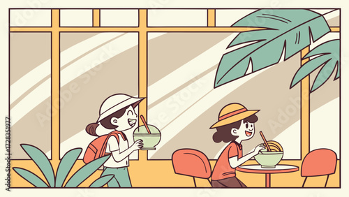 Two young girls, one walking with a drink and another eating at a table, in a bright, plant-filled cafe setting.