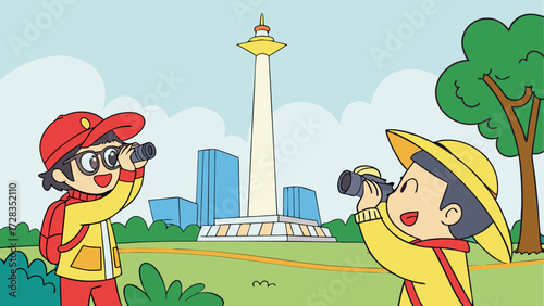 Two boys using binoculars to observe a tall tower in a city park with trees and buildings.