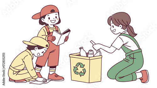 Three children and an adult sorting recyclables and learning about environmental responsibility.