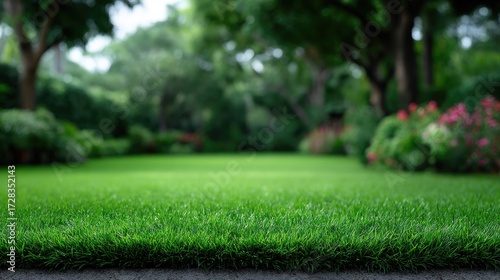 Lush Green Lawn with Trees and Flowers in Soft Focus Garden Setting