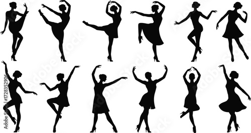Female ballet dancer silhouettes, graceful poses, artistic movement, black vector illustration, dance icons, elegance, flexibility, fashion twist, performance art
