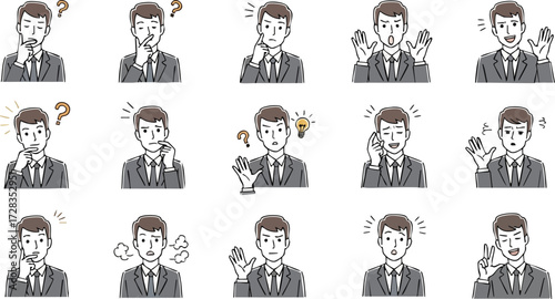 A diverse set of illustrations of a young businessman in a suit, showcasing various facial expressions, emotions, and hand gestures.
