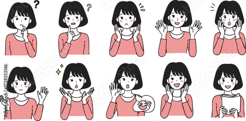 A set of illustrations of a young woman with short black hair in a pink shirt, showing various facial expressions and emotional reactions.