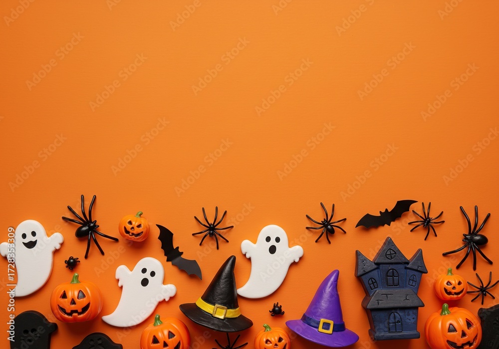 Fototapeta premium Halloween Decorations Border with Ghosts Spiders Pumpkins and Witch Hats.