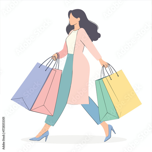 A stylish woman is walking with shopping bags, enjoying a day of retail therapy.