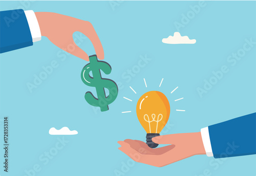 Funding startup idea, fundraising to start business, investor, venture capital or VC to financial support, budget or sponsorship concept, businessman hand give dollar money to lightbulb business idea.