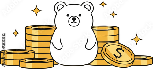Adorable White Bear with Gold Coins, Financial Concept Illustration