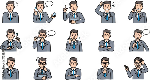 Businessman in Various Poses and Expressions, Vector Illustration Set