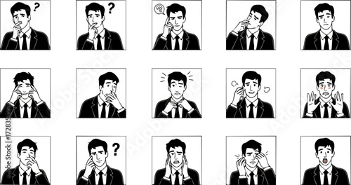 Businessman in Various Poses Expressing Different Emotions and Thoughts