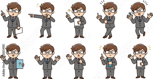 Cartoon Businessman in Gray Suit with Various Poses and Expressions