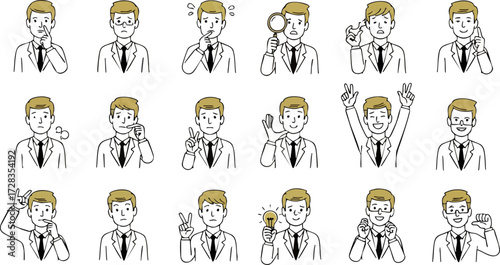 Cartoon Businessman Character Set with Various Expressions and Gestures
