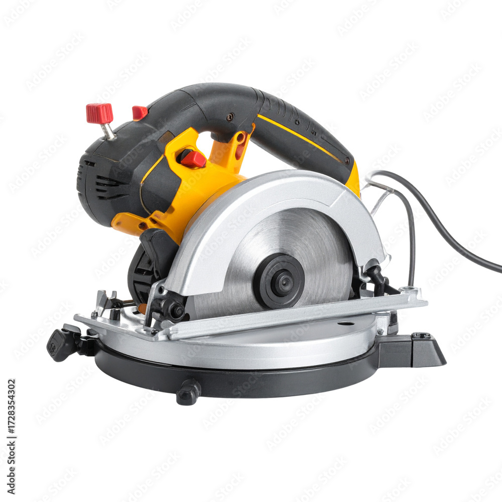Fototapeta premium Realistic studio photo of a handheld circular saw, isolated on white background