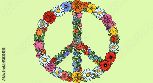 Floral Vector Illustration of a Peace Sign with Colorful Flowers and Green Leaves in Decorative Style