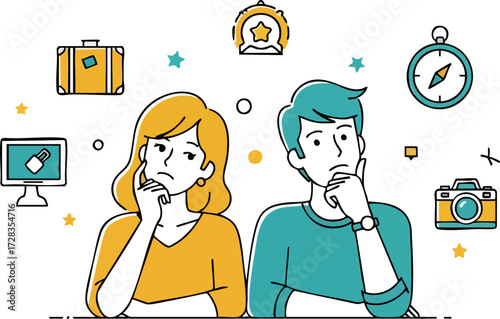Cartoon Couple Thinking, Posing with Hand on Chin, Contemplating Decisions.