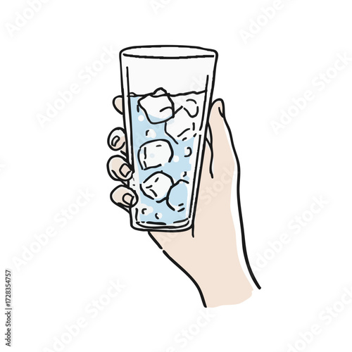 Hand Drawn Illustration of Hand Holding Glass with Ice Cubes Drink