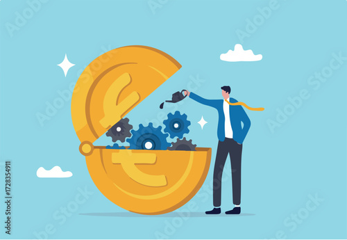 Euro monetary policy, central bank or government to manage EU or European financial or economic, inflation and interest rate policy concept, businessman put oil lubricate into open Euro money coin