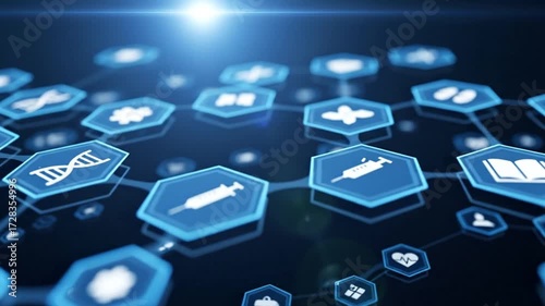Digital healthcare technology network with medical icons and connecting lines on a dark blue background, representing innovation and connection