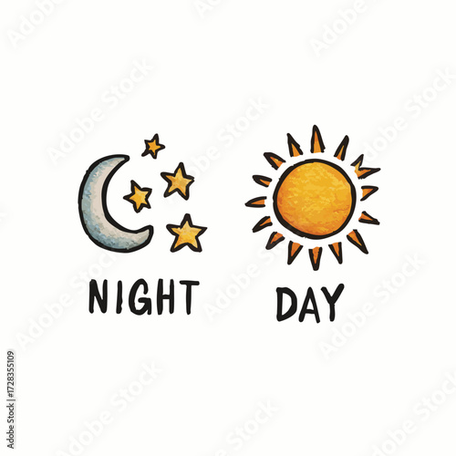 Cute Watercolor Day and Night Illustration with Sun Moon and Stars