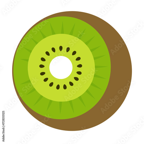 Vibrant slice of kiwi fruit with brown skin and green flesh