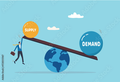 Demand vs supply balance, world economic supply chain problem, market pricing model for goods and service, cost or retail concept, businessman holding seesaw balance of demand and supply on the globe.