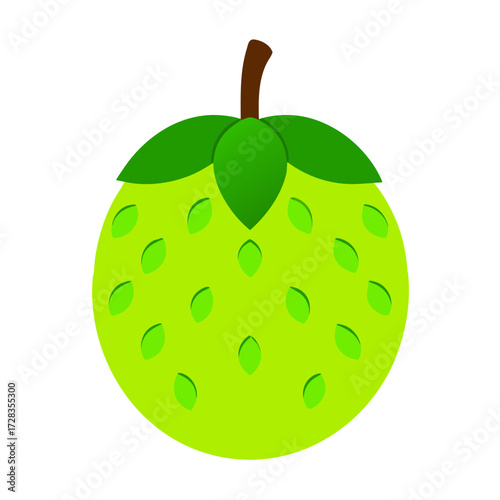 Stylized green fruit with leafy crown and seed impressions