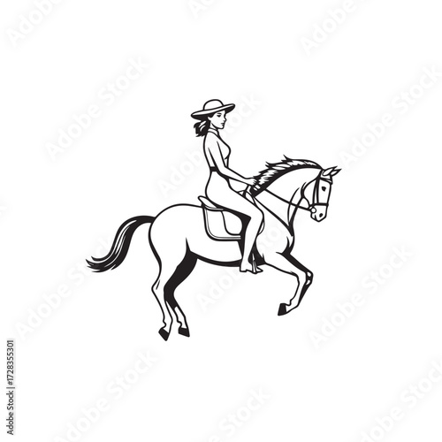 Black and white line art of a beautiful woman with perfect body riding horse elegant minimalist illustration