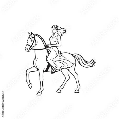 Black and white line art of a beautiful woman with perfect body riding horse elegant minimalist illustration