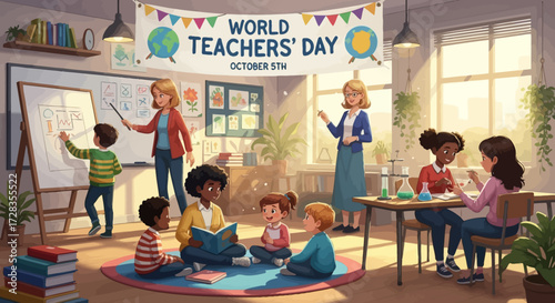 Classroom Vector Illustration of Teachers with Students for World Teachers Day modern graphic with globe banner school teaching education theme