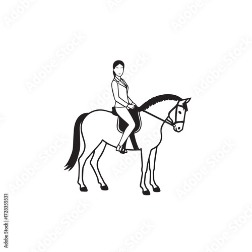 Black and white line art of a beautiful woman with perfect body riding horse elegant minimalist illustration