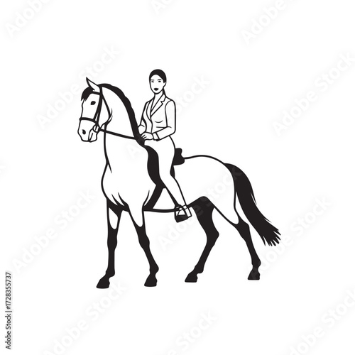 Black and white line art of a beautiful woman with perfect body riding horse elegant minimalist illustration