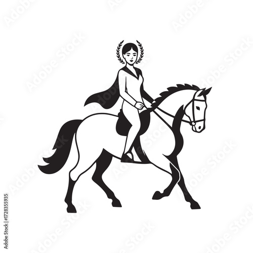 Black and white line art of a beautiful woman with perfect body riding horse elegant minimalist illustration