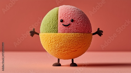 Colorful anthropomorphic ice cream balls with smiling faces, arms, and legs on pastel pink background. Fun minimal summer concept flat lay design.