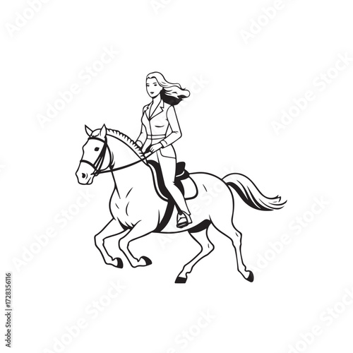 Black and white line art of a beautiful woman with perfect body riding horse elegant minimalist illustration
