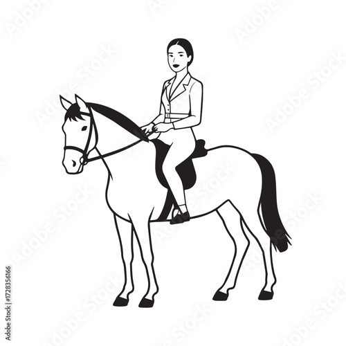 Black and white line art of a beautiful woman with perfect body riding horse elegant minimalist illustration