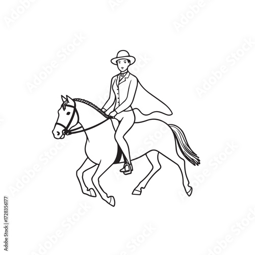Black and white line art of a beautiful woman with perfect body riding horse elegant minimalist illustration