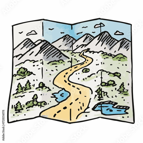 Hand Drawn Watercolor Adventure Route Map with Mountain Landscape Illustration