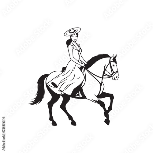 Black and white line art of a beautiful woman with perfect body riding horse elegant minimalist illustration