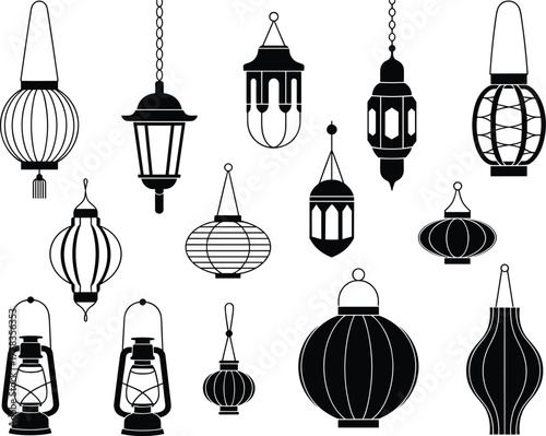 Lantern icon set, traditional and modern styles, decorative lighting, hanging lamps, cultural design, black vector illustration, vintage elements