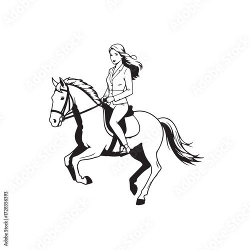 Black and white line art of a beautiful woman with perfect body riding horse elegant minimalist illustration