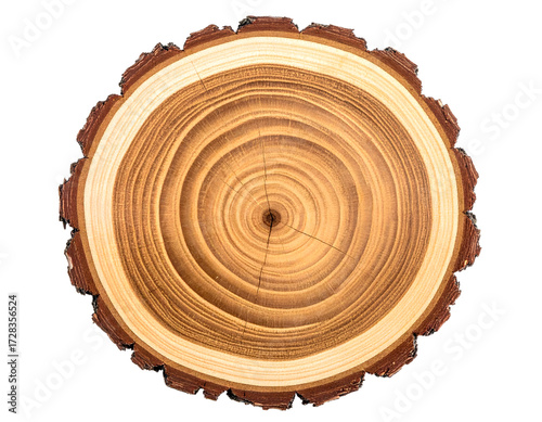 Top view closeup of brown slice of freshly cut wood with dense concentric growth rings and bark on edges isolated on Transparent Background