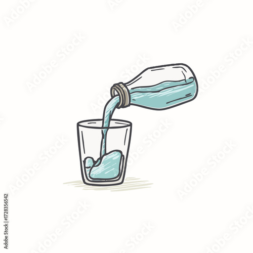 Cartoon Handdrawn Liquid Pouring from Bottle into Glass Illustration