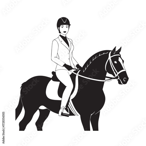 Black and white line art of a beautiful woman with perfect body riding horse elegant minimalist illustration