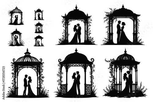 Silhouettes of couples in ornate gazebos with vines