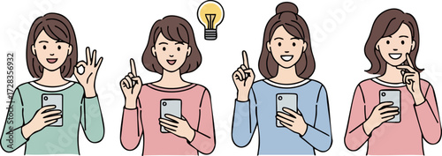 Cartoon Woman with Smartphone, Idea, and Gestures in Various Poses