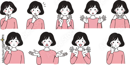 Cartoon Woman's Diverse Emotional Expressions and Gestures, Simple Flat Design Illustration Set