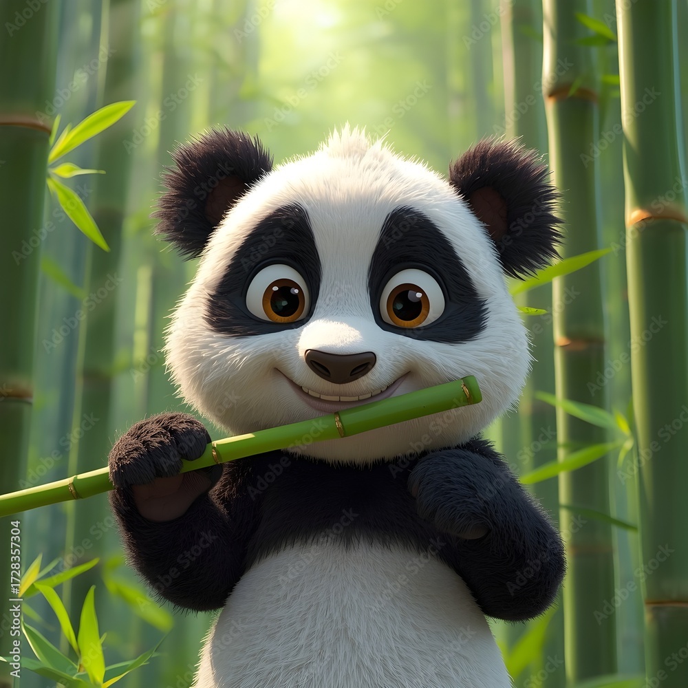Fototapeta premium Panda in bamboo forest. 3D animation style cute cartoon panda eating bamboo.