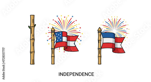 Vector Illustration of Independence Flags with Fireworks for Patriotic Design