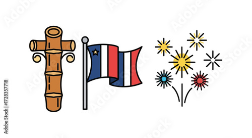 Vector Illustration of Independence Day with the Acadiana Flag Bamboo and Fireworks Design